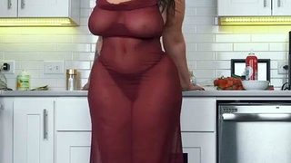 Busty curly brunette with big boobs fucks on couch